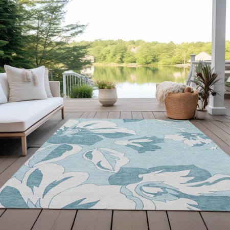 Homeroots 5' X 8' Teal Blue Aqua And Ivory Floral Washable Indoor Outdoor Area Rug 589573
