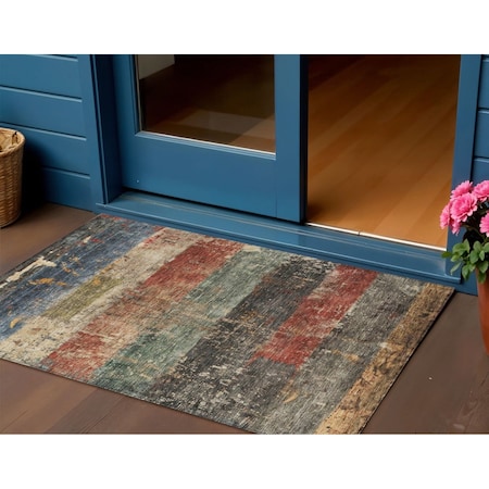 Homeroots 3' X 5' Fern Green Black And Terra Cotta Striped Washable Indoor Outdoor Area Rug 605979