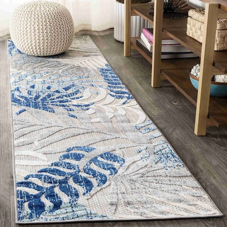 Jonathan Y Tropics Palm Leaves Gray/Blue 2 ft. x 8 ft. Indoor/Outdoor Runner Rug AMC100A-28