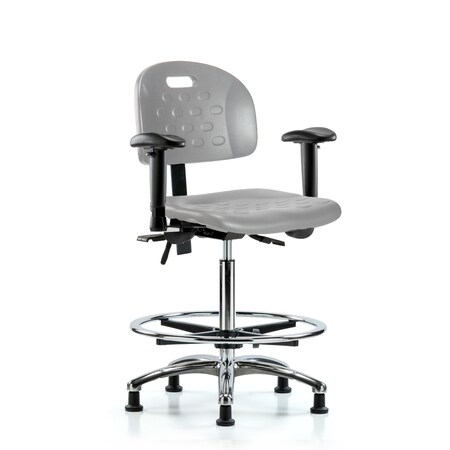 Blue Ridge Ergonomics Poly Chair Chrome-High Bench Ht with Seat Tilt, Adj Arms, Chrome Foot Ring, & Stat Glides in Gray Poly HPHBCH-CR-T1-A1-CF-RG-GRY
