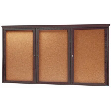 Aarco Enclosed Bulletin Board w/ Red Oak Frame and Crown Molding Walnut Stained, 48''Hx96''W, Three Door WBC4896RC