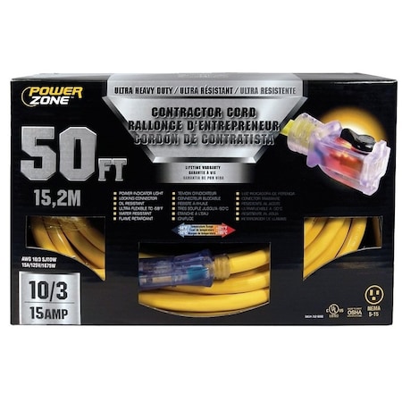 Powerzone Extension Cord, 10 AWG, Indoor/Outdoor, Yellow, 50 ft ORP511930