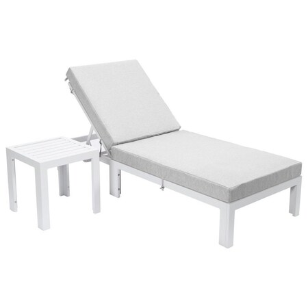 Leisuremod Chelsea Modern Outdoor White Chaise Lounge Chair With Side Table & Light Grey Cushions CLTW-77LGR