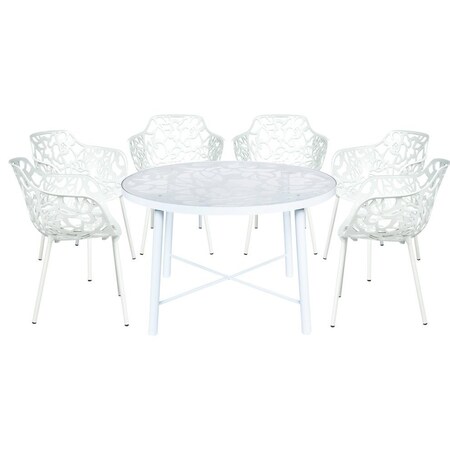 Leisuremod Devon 7-Piece Aluminum Patio Dining Set, Tempered Glass Top Table & 6 Stackable Arm Chairs, White DT48CAW6