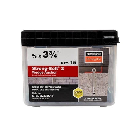 Simpson Strong-Tie Strong-Bolt 2 Wedge Anchor, 3/8 in Dia, 3-3/4 in L, Carbon Steel, Zinc Plated STB2-37334C15