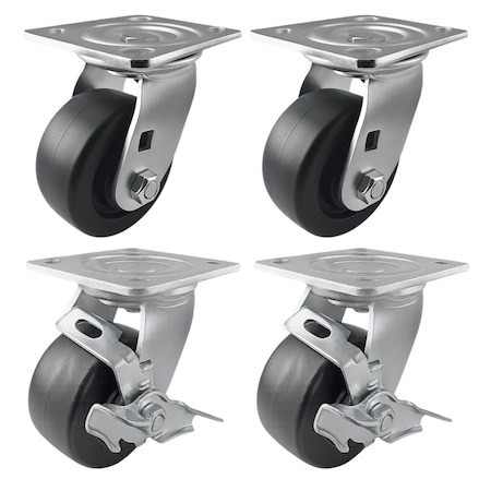 Hyw Products Heavy Duty Caster Set 4in Plastic Wheels, 2 Swivel & 2 Swivel with Brake, 4PK 40-40S-A1-HP-2,40-40S-A1-HP-TB-2