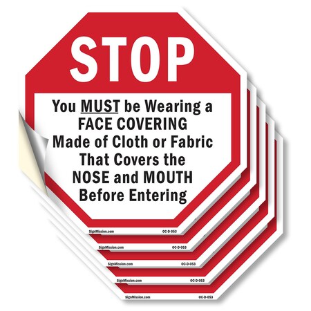 Signmission Stop You Must Be Wearing a Face Cov, 4 inch X 4 inch, Vinyl Decal, 5PK OC-D-5PACK-4-53