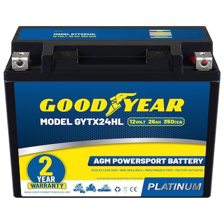 Goodyear GYTX24HL - 12 Volt 26 AH, 350 CCA, Rechargeable High-Performance, SLA - AGM Battery GY4140766