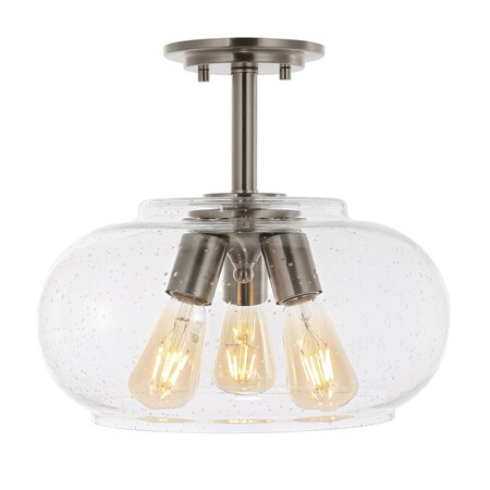 Jonathan Y Lina 13.75" 3-Light Modern Industrial Iron/Seeded Glass LED Semi Flush Mount, Nickel/Clear JYL7565A