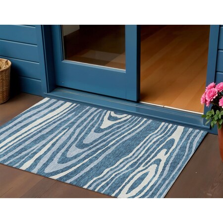 Homeroots 3' X 5' Navy Blue Denim Blue And Ivory Faux Bois Washable Indoor Outdoor Area Rug 614491
