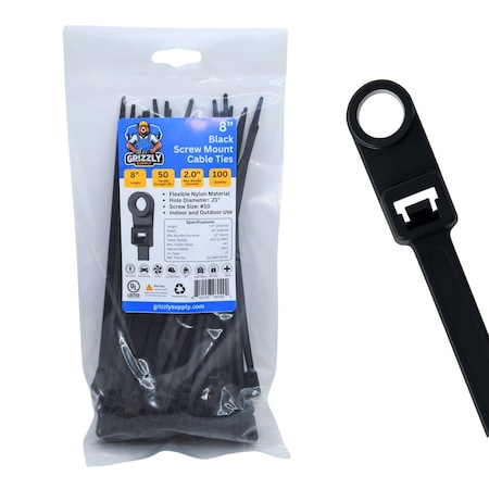 Grizzly Supply Screw Mount Cable Tie, 8 in L, 50 lb Strength, 2.2 in Max Bundle Dia, Nylon, UV-Rated, Black, 100PK GS-SM8-50-0C