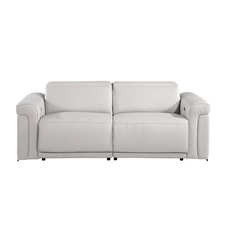 Homeroots 80" Light Gray Top Grain Leather Reclining Metal USB Sofa 720381