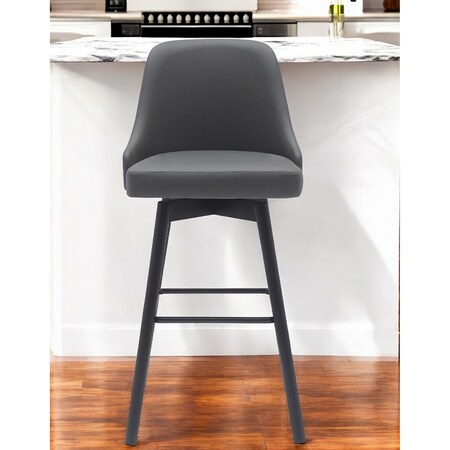 Homeroots 30" Gray and Black Faux Leather with Solid Wood Swivel Bar Height Bar Chair 534482