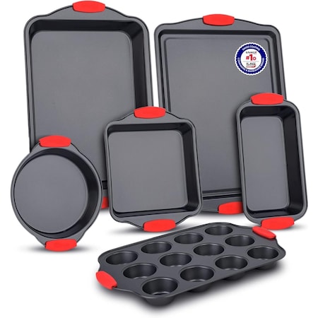 Bakkenmaster 6-Piece Baking Set, Non-Stick Black Coating, Carbon Steel, Red Silicone Handles, PFOA-Free BKB6SPS6