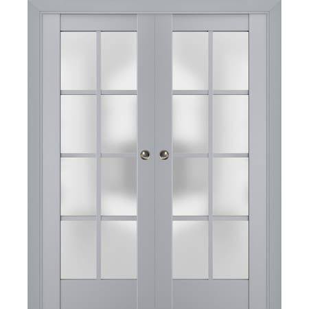 Sartodoors Sliding French Double Pocket Doors with Frosted Glass Grey 48x84 (2* 24x84) Solid Core VEREGIO7412DP-GRE-4884