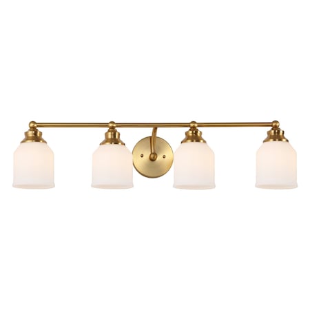 Jonathan Y Lydia 33.25" 4-Light Farmhouse Cottage Metal LED Vanity Light with Frosted Glass Shades, Brass Gold JYL7552B
