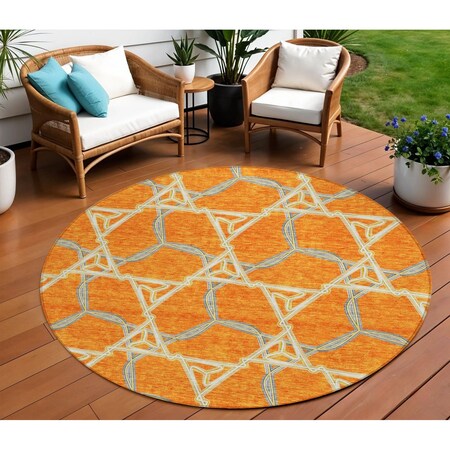 Homeroots 8' Orange And Blue Round Geometric Washable Indoor Outdoor Area Rug 613514