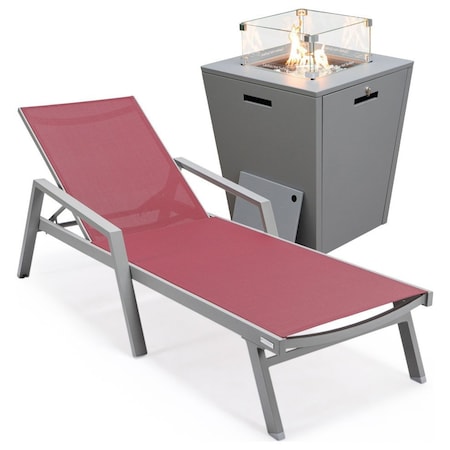Leisuremod Marlin Grey Aluminum Patio Chaise Lounge Chair With Arms & Square Fire Pit Table, Burgundy MLAGRCF21-77BRG