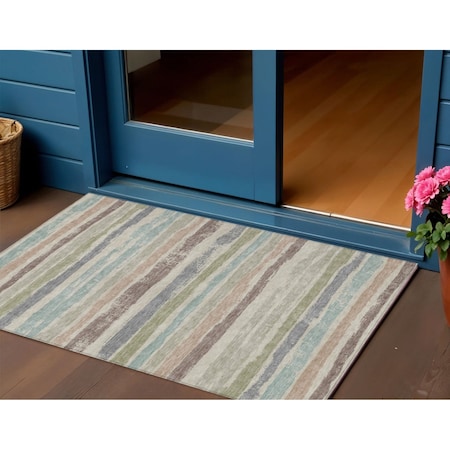 Homeroots 3' X 5' Beige Brown And Gray Striped Washable Indoor Outdoor Area Rug 598866