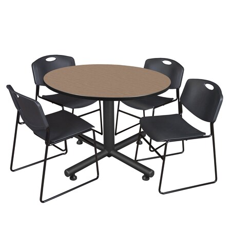 Regency Round Kobe Breakroom Table W/ 4 Zeng Stack Chairs, 48 in W, 48 in L, Noble Oak TKB48RNDNO44BK