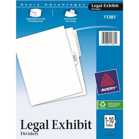 Avery Dennison Avery Premium Collated Legal Exhibit Divider, Printed 1 to 10, 8.5"x11", 11 Tabs, White/White 11381
