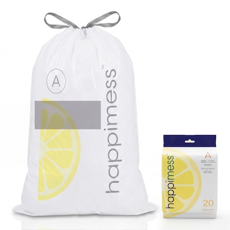 Happimess 8-Gallon 30L Lemon Scented Drawstring Trash Can Liner, White, 20-Count, 1-Pack of 20 Liners HPM3100A-W-1SET