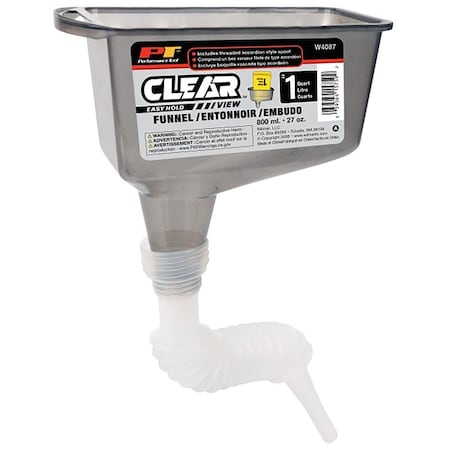 Performance Tool Clear View Series Funnel With Flexible Spout, 1 qt Capacity, Polypropylene W4087