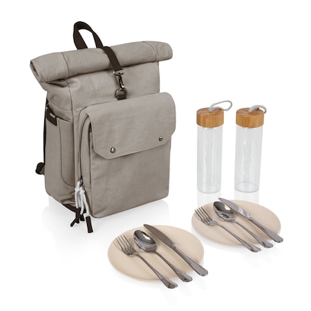Picnic Time Family Of Brands Carmel Roll Top Picnic Backpack Cooler with Utensil Set & Glass Water Bottles, Gray 529-10-105-000-0