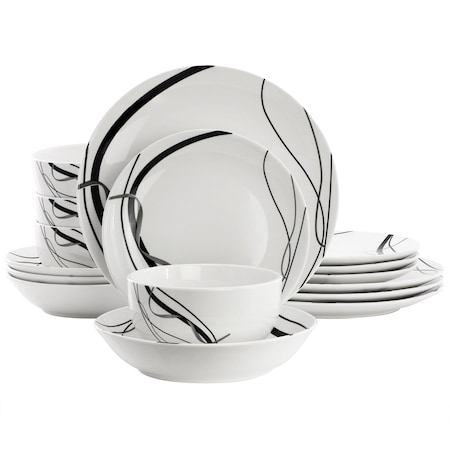 Elama Sarah 16 Piece Porcelain Double Bowl Black Ribbon Dinnerware Set in White and Black 750123738M