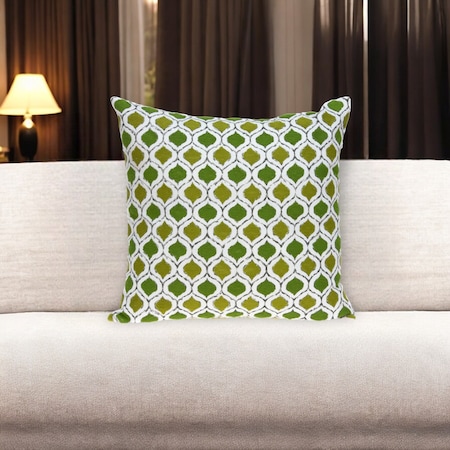 Homeroots 20" Green and White Ogee Cotton Throw Pillow With Embroidery 529334