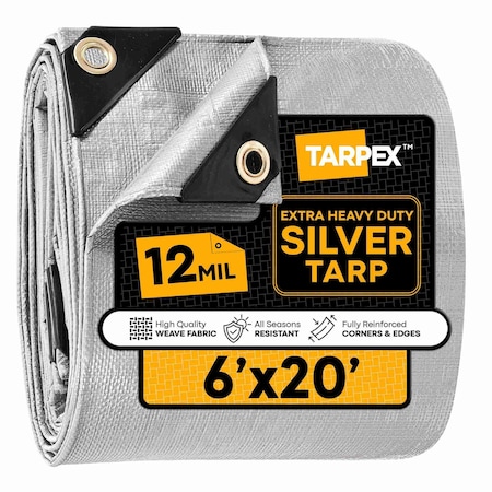 Tarpex Extra Heavy Duty Tarp, 6 ft x 20 ft, 12 Mil, Silver, Polyethylene STHD-TA-620