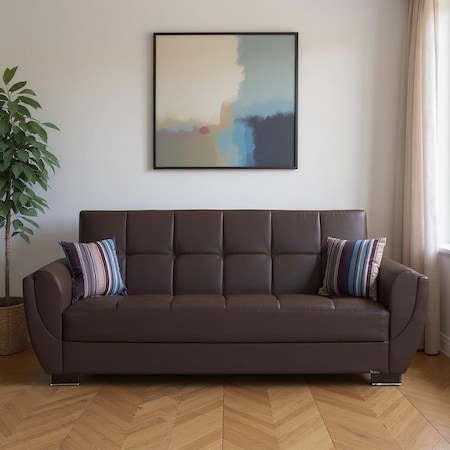 Homeroots 93" Brown Faux Leather Convertible Futon Sleeper Sofa And Toss Pillows With Storage 607078