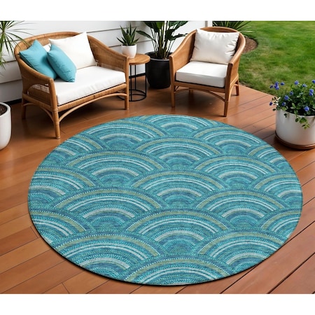 Homeroots 8' Teal Blue Fern Green And Ivory Round Geometric Washable Indoor Outdoor Area Rug 615238