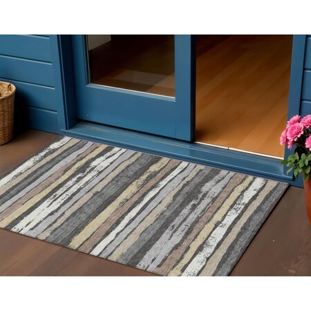 Homeroots 3' X 5' Charcoal Beige And Brown Striped Washable Indoor Outdoor Area Rug 598872