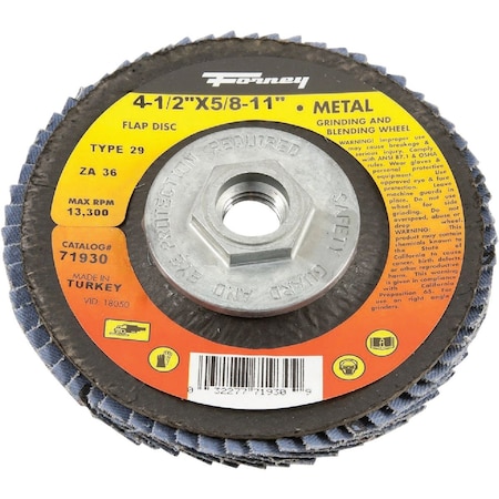 Forney 4-1/2'' 5/8''-11 36-Grit Type 29 Blue Zirconia Angle Grinder Flap Disc 71930