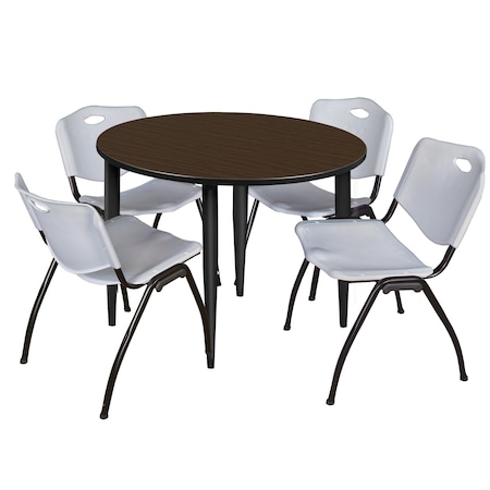 Regency Round Kahlo Breakroom Table W/ 4 M Stack Chairs, 48 in W, 48 in L, Neo Walnut TPL48RNDNWBK47GY