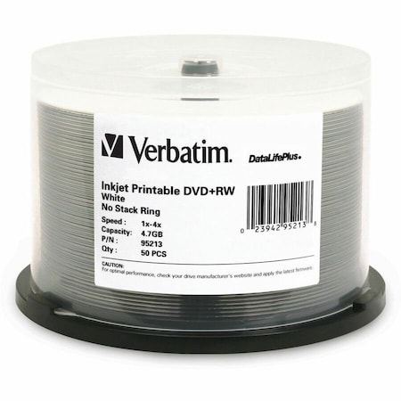 Verbatim DVD+RW 4.7GB 4X DataLifePlus White Inkjet Printable - 50pk Spindle - Inkjet Printable 95213