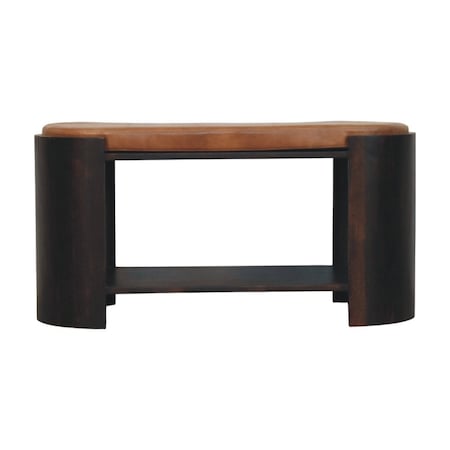 Homeroots 35in Brown Genuine Leather and Solid Wood Upholstered Storage Bench With Shelves 723434