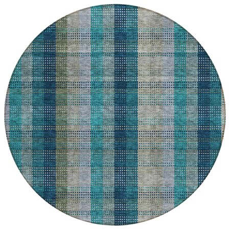 Homeroots 8' Teal Blue Navy Blue And Olive Green Round Plaid Washable Indoor Outdoor Area Rug 614019