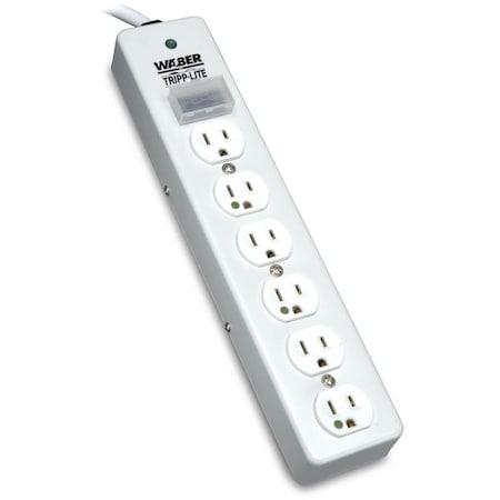 Tripp Lite Outlet Strip, Surge, Hospital Grade, 6 5-15R-HG, 5-15P-HG, 10 ft., White SPS610HGRA
