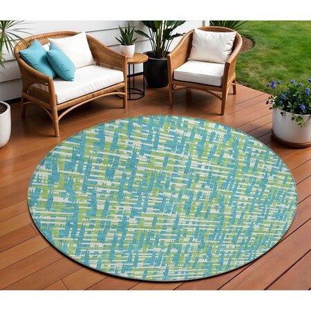 Homeroots 8' Turquoise Green And Ivory Round Abstract Washable Indoor Outdoor Area Rug 602601