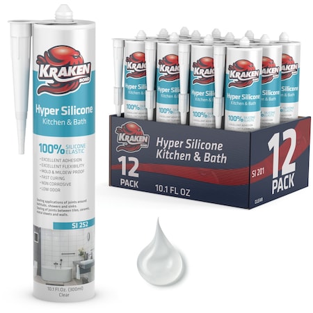 Krakenbond Kraken Bond Hyper Kitchen & Bath Neutral Cure Silicone Sealant, Waterproof, Clear, 10.1 oz, 12 Pack KR918NSCLRNSS-12
