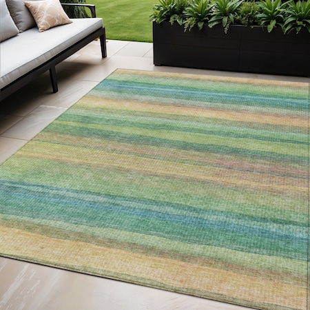 Homeroots 5' X 8' Artichoke Green Peach And Teal Blue Striped Washable Indoor Outdoor Area Rug 631192