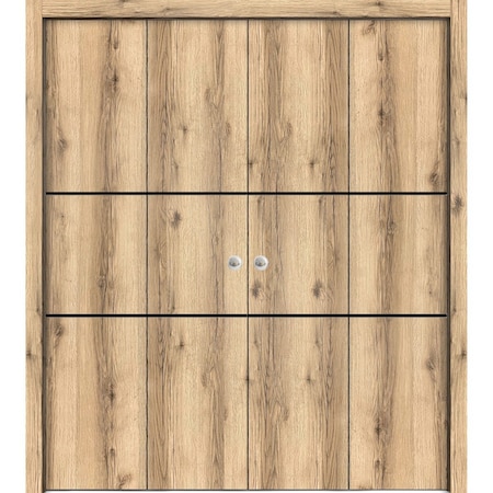 Sartodoors Sliding Closet Double Bi-fold Doors, Planum 0014 Oak and Aluminum Strips, Sturdy Tracks Moldings Tr PLANUM0014DBF-DUB-96 x 84 (4* 24x84)