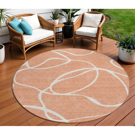 Homeroots 8' Salmon And Ivory Round Abstract Washable Indoor Outdoor Area Rug 597519