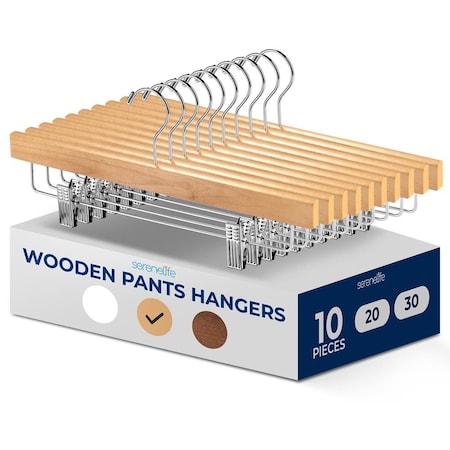 Serenelife Skirt and Pant Hanger with Adjustable Non-Slip Steel Clips, Premium Wooden, 360 degrees, 10PK SLWPNW10