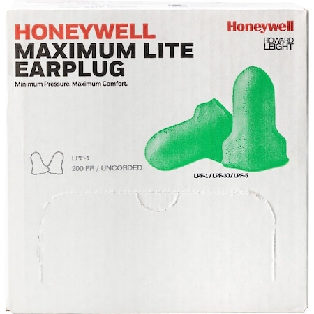 Howard Leight MAXIMUM LITE Disposable Foam Ear Plugs, Contoured-T Shape, 30 dB, Green, 200 PK LPF-1