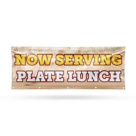 Signmission Now Serving Plate Lunch, 48 Inch x 120 Inch, Vinyl Banner B-120-30766