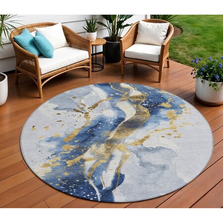 Homeroots 8' Blue And Gold Round Abstract Washable Indoor Outdoor Area Rug 611302