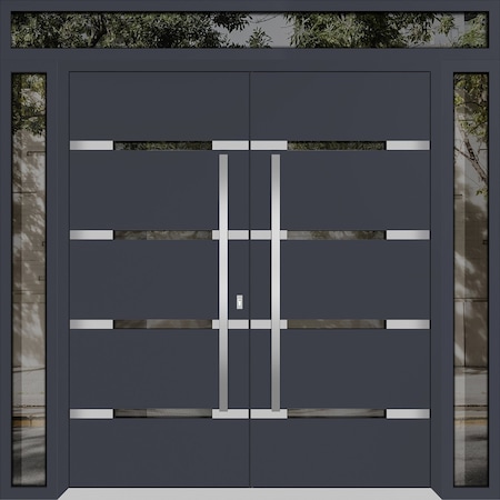 Vdomdoors Metal Double Doors Deux 1105 Gray Graphite Mirrored Glass 2 Sidelights and Top Transom Entry Modern DEUX1105DEXD-GRE-W16+72+16xH96+16-LH-O